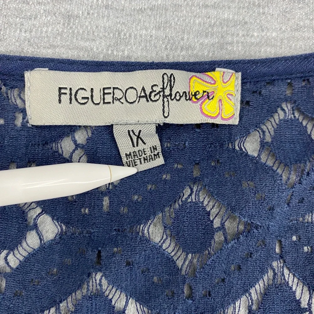Figueroa & Flower Womens 1X Festival Peasant Hippie Boho Navy Embroidered Blouse - Picture 5 of 8